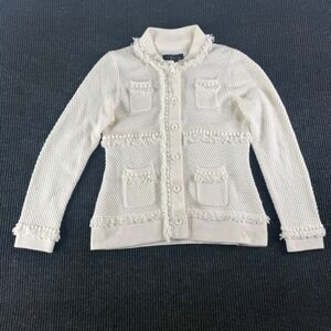 Venue Cardigan Sweater Womens L Ivory Textured Knit Button Front Jacket Fringe